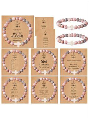 9pc Cross Natural Stone Beaded Stretch Bracelets Set with Inspirational Cards